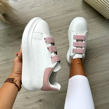 Adidasi dama casual albi cu roz, inchidere cu elastic, 8901 